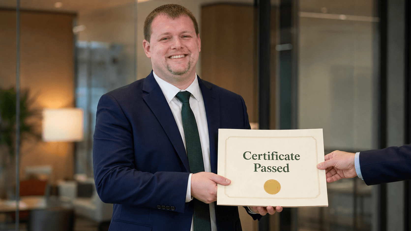 A professional in a suit receiving a certificate marked Certificate Passed